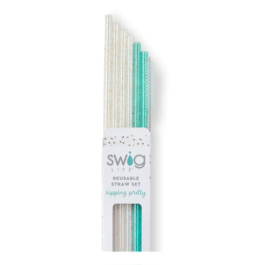 Swig Life Glitter Clear & Aqua Reusable Tumbler Straw Set