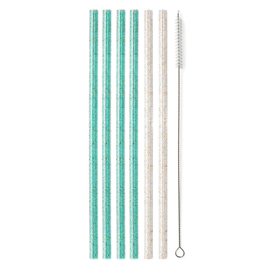 Swig Life Glitter Clear & Aqua Reusable Tumbler Straw Set