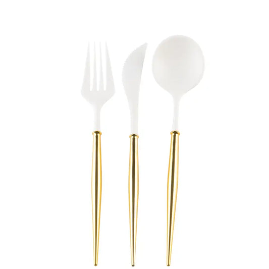 Bella Reusable Plastic Cutlery White With Gold Handle