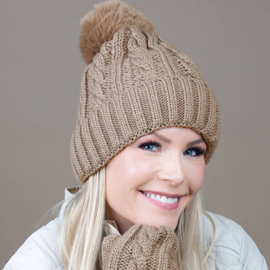 Sierra Cable Knit Pom Lined Beanie Hat: Latte