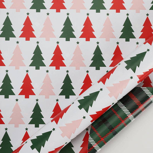 24" x 417' Reversible Holiday Wrapping Paper Half Ream | "Symmetrical Tree/Holiday Plaid"