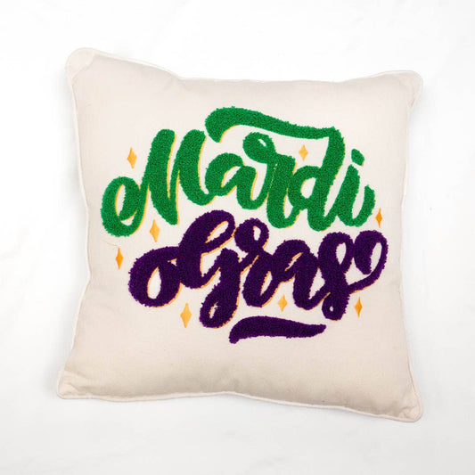 Mardi Gras Embroidered Pillow   Soft White/Purple/Green/Yellow   16x16