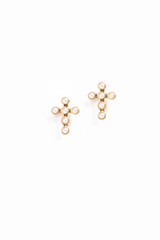 Gold Pearl Cross Earrings