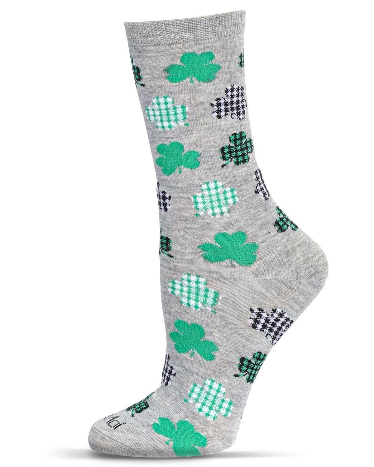 Women's Buffalo Plaid Shamrocks Bamboo Crew Socks: 9-11 / Light Gray Heather