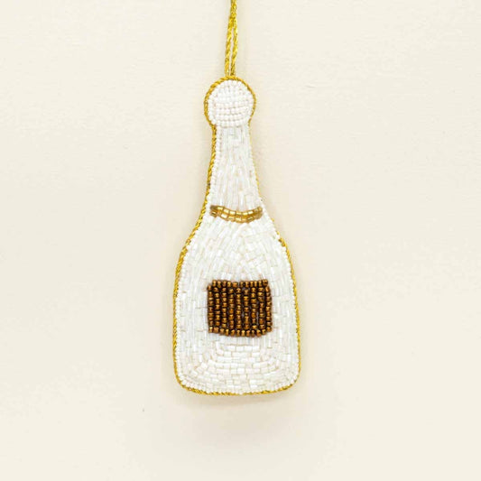 Champagne Bottle Beaded Ornament   White/Gold   4"