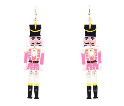 Articulated Nutcracker Statement Dangle Earrings - Pink