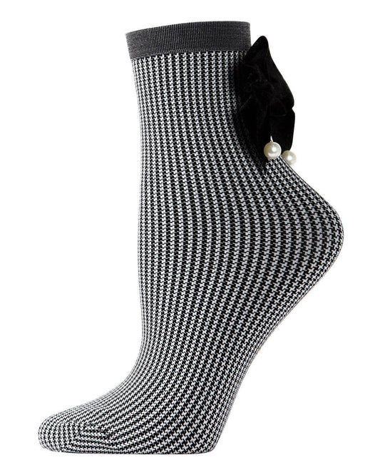 MeMoi Houndstooth Pearl Bow Anklet Socks: OS / Black-Gray