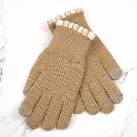 PomPom Taupe/Soft White Tech Gloves- One Size