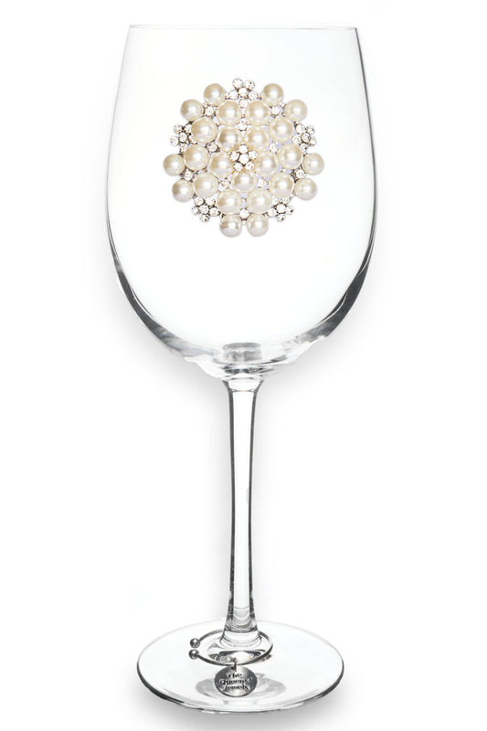Round Diamond and Pearl Jeweled Stemmed Wine Glass