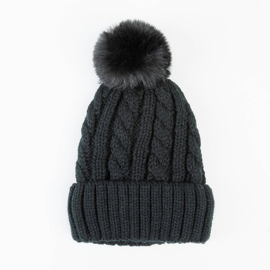 Sierra Cable Knit Pom Lined Beanie Hat: Black